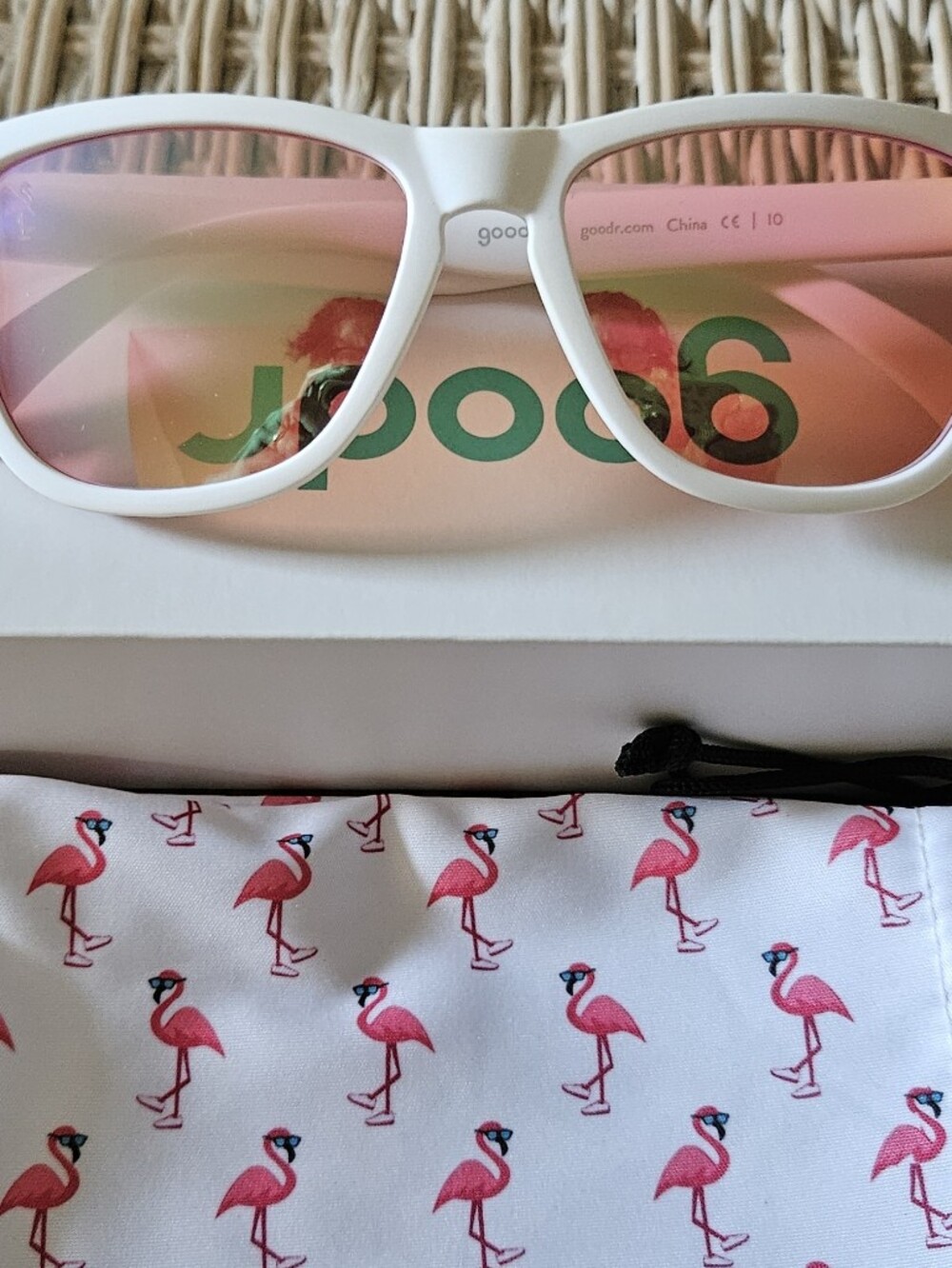 Goodr White Sunglasses with Pink Mirrored Lenses. "Au Revoir Gopher". Like New